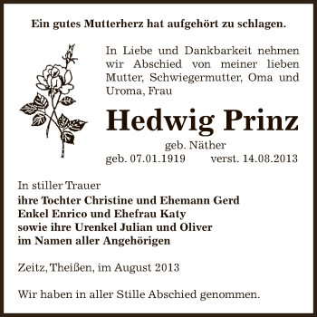 Traueranzeige von Hedwig Prinz von Super Sonntag Zeitz
