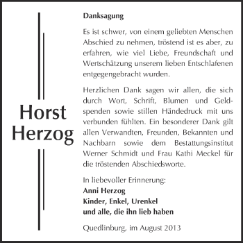 Traueranzeige von Horst Herzog von WVG - Wochenspiegel Quedlinburg