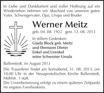 Traueranzeige von Werner Meitz von WVG - Wochenspiegel Quedlinburg