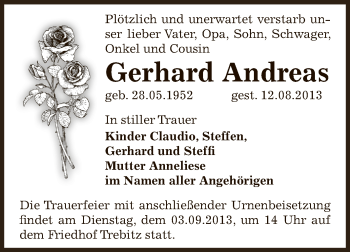 Traueranzeige von Gerhard Andreas von Super Sonntag Bernburg