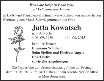 Traueranzeige von Jutta Kowatsch von Super Sonntag Merseburg