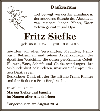 Traueranzeige von Fritz Siefke von WVG - Wochenspiegel SGH