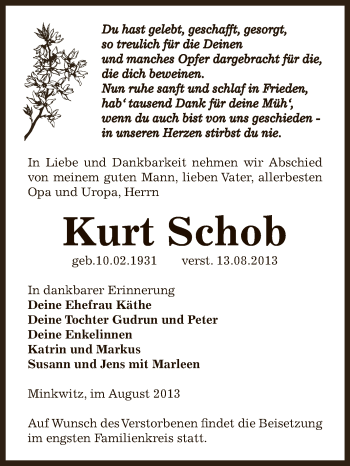 Traueranzeige von Kurt Schob von Super Sonntag Zeitz