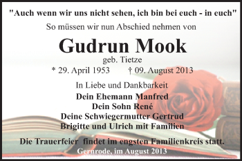 Traueranzeige von Gudrun Mook von WVG - Wochenspiegel Quedlinburg
