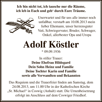 Traueranzeige von Adolf Köstler von WVG - Wochenspiegel Dessau / Köthen