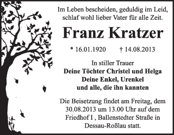 Traueranzeige von Franz Kratzer von Super Sonntag Dessau / Köthen