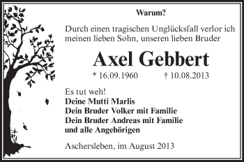 Traueranzeige von Axel Gebbert von Super Sonntag Aschersleben