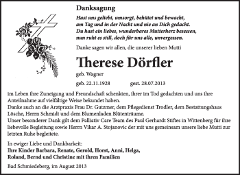 Traueranzeige von Therese Dörfler von WVG - Wochenspiegel Wittenberg