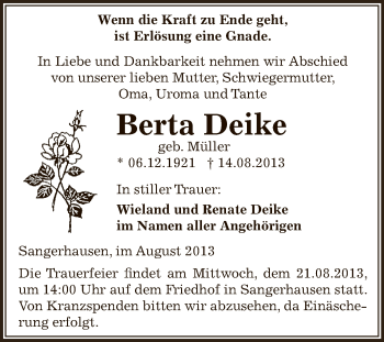 Traueranzeige von Berta Deike von Super Sonntag SGH Mansf. Land