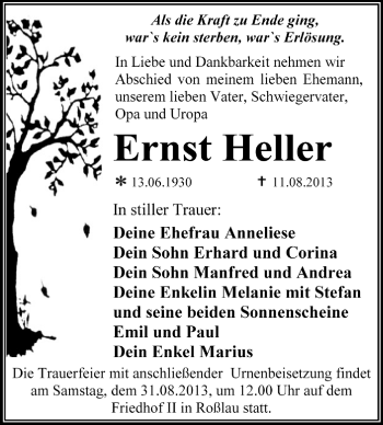 Traueranzeige von Ernst Heller von Super Sonntag Dessau / Köthen