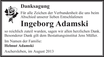 Traueranzeige von Ingeborg Adamski von Super Sonntag Aschersleben