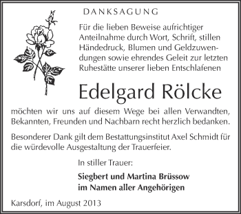 Traueranzeige von Edelgard Rölcke  von WVG - Wochenspiegel NMB / WSF / ZTZ