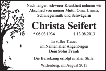 Traueranzeige von Christa Seifert von Super Sonntag Wittenberg