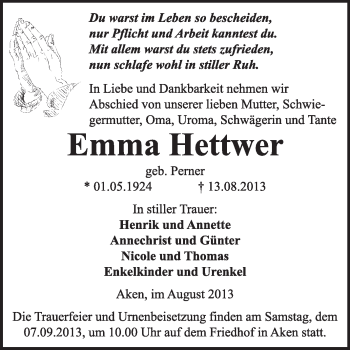 Traueranzeige von Emma Hettwer von Super Sonntag Dessau / Köthen