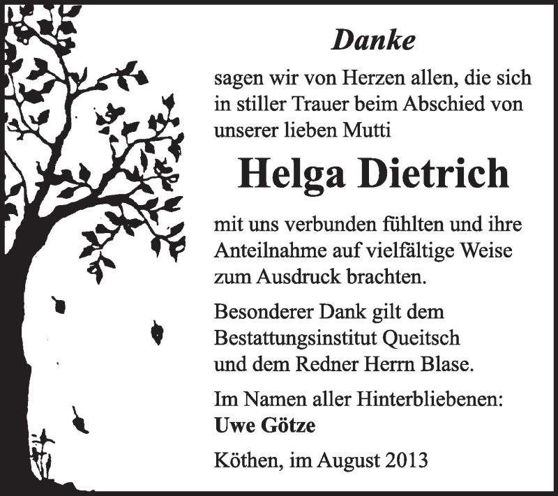  Traueranzeige für Helga Dietrich vom 18.08.2013 aus Super Sonntag Dessau / Köthen