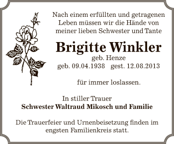 Traueranzeige von Brigitte Winkler von WVG - Wochenspiegel Dessau / Köthen