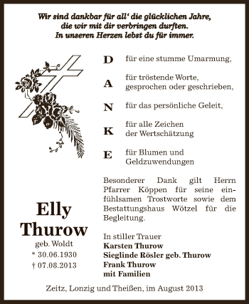 Traueranzeige von Elly Thurow von Super Sonntag Zeitz