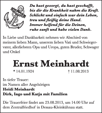 Traueranzeige von Ernst Meinhardt von Super Sonntag Dessau / Köthen