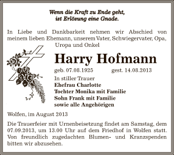 Traueranzeige von Harry Hofmann von WVG - Wochenspiegel Bitterfeld