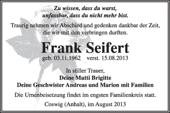 Traueranzeige von Frank Seifert von Super Sonntag Wittenberg