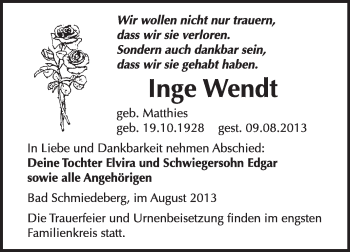 Traueranzeige von Inge Wendt von WVG - Wochenspiegel Wittenberg