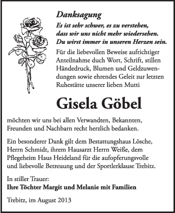 Traueranzeige von Gisela Göbel von WVG - Wochenspiegel Wittenberg