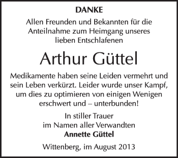 Traueranzeige von Arthur Güttel von WVG - Wochenspiegel Wittenberg