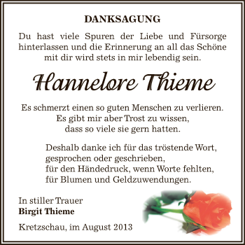 Traueranzeige von Hannelore Thieme von Super Sonntag Zeitz