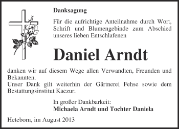 Traueranzeige von Daniel Arndt von WVG - Wochenspiegel Quedlinburg