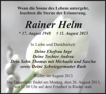Traueranzeige von Rainer Helm von WVG - Wochenspiegel Quedlinburg