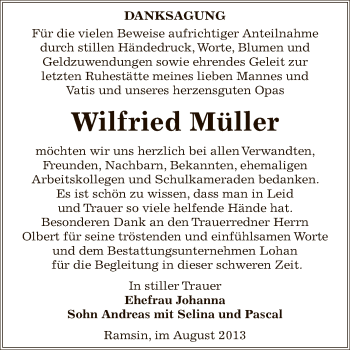 Traueranzeige von Wilfried Müller von WVG - Wochenspiegel Bitterfeld