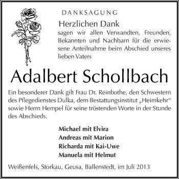 Traueranzeige von Adalbert Schollbach von WVG - Wochenspiegel NMB / WSF / ZTZ