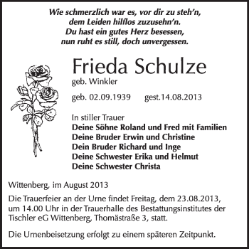 Traueranzeige von Frieda Schulze von WVG - Wochenspiegel Wittenberg