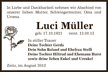 Traueranzeige von Luci Müller von Super Sonntag Zeitz