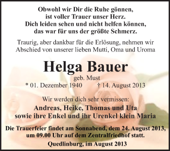 Traueranzeige von Helga Bauer von WVG - Wochenspiegel Quedlinburg