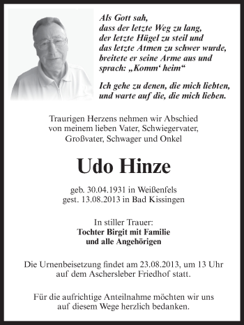 Traueranzeige von Udo Hinze von WVG - Wochenspiegel Aschersleben