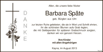 Traueranzeige von Barbara Späte von Super Sonntag Zeitz