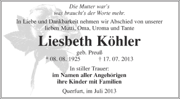 Traueranzeige von Liesbeth Köhler von WVG - Wochenspiegel Merseburg