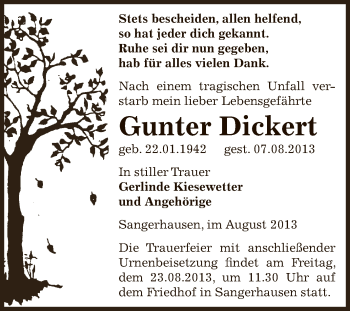 Traueranzeige von Gunter Dickert von WVG - Wochenspiegel SGH