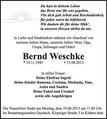Traueranzeige von Bernd Weschke von Super Sonntag Dessau / Köthen