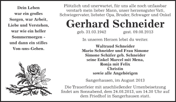 Traueranzeige von Gerhard Schneider von Super Sonntag SGH Mansf. Land
