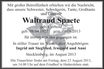 Traueranzeige von Waltraud Spaete von WVG - Wochenspiegel Aschersleben