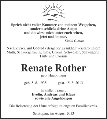 Traueranzeige von Renate Rother von Super Sonntag Merseburg