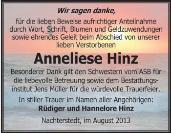 Traueranzeige von Anneliese Hinz von WVG - Wochenspiegel Aschersleben