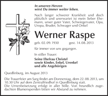 Traueranzeige von Werner Raspe von WVG - Wochenspiegel Quedlinburg
