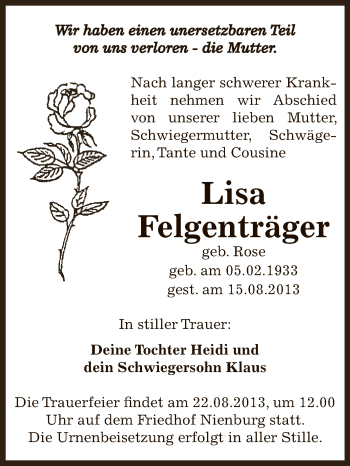Traueranzeige von Lisa Felgenträger von Super Sonntag Bernburg