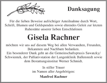 Traueranzeige von Gisela Rachner von WVG - Wochenspiegel Quedlinburg