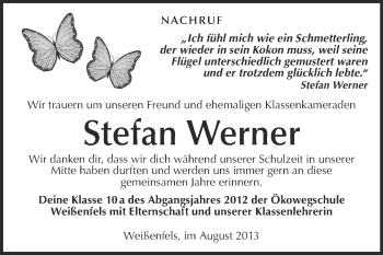 Traueranzeige von Stefan Werner von WVG - Wochenspiegel NMB / WSF / ZTZ