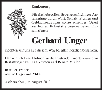 Traueranzeige von Gerhard Unger von WVG - Wochenspiegel Aschersleben
