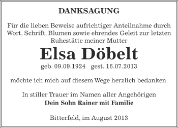 Traueranzeige von Elsa Döbelt von WVG - Wochenspiegel Bitterfeld